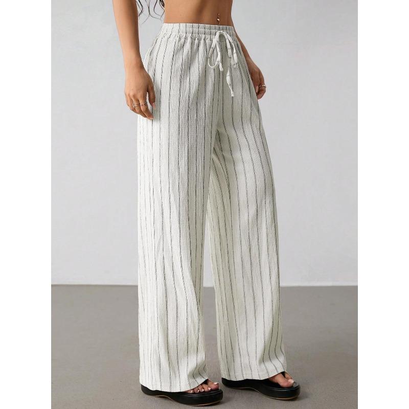 Casual Loose Striped Drawstring Elastic Waist Contrasting Color Multi-color Wide-leg Pants Women