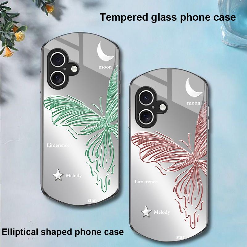 Metallic Butterfly For Apple IPhone 16 11 13 15 14 Pro Max 12 Mini 7 8 Plus XR X XS Elliptical Shaped Tempered Glass Phone Case