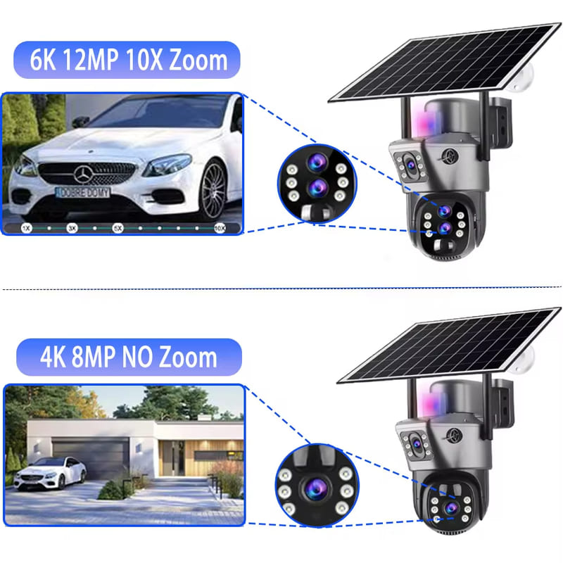 LS VISION Câmera solar 4G com zoom de 10X, vigilância externa, 6K, 12MP, três lentes, 360 PTZ, rastreamento automático sem fio, câmeras de segurança V380 Pro APP
