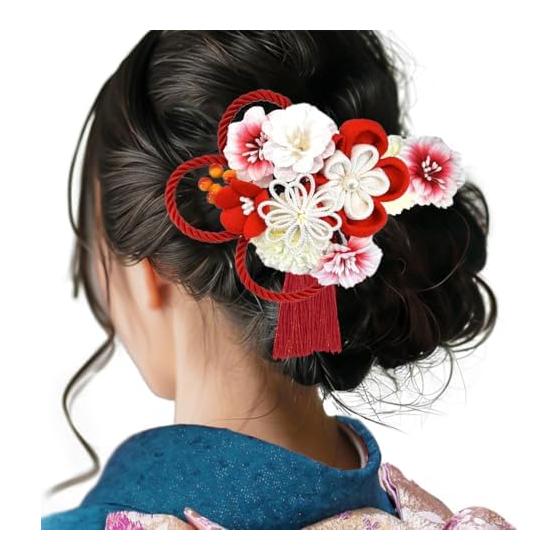 Hair Ornaments Set of 2 for Furisode Kimono Coming-of-Age Ceremony, Tsumami Zaiku, Red Chirimen, Flower Ornaments, Large Diameter Approx. 10cm, Small