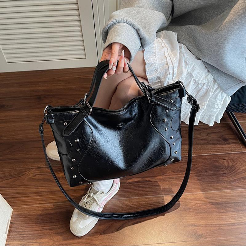 Women's Fashion Y2K Hot Girl Motorcycle Bag Vintage Solid Color Large Capacity Rivet Decor Shoulder Crossbody Bag CLE