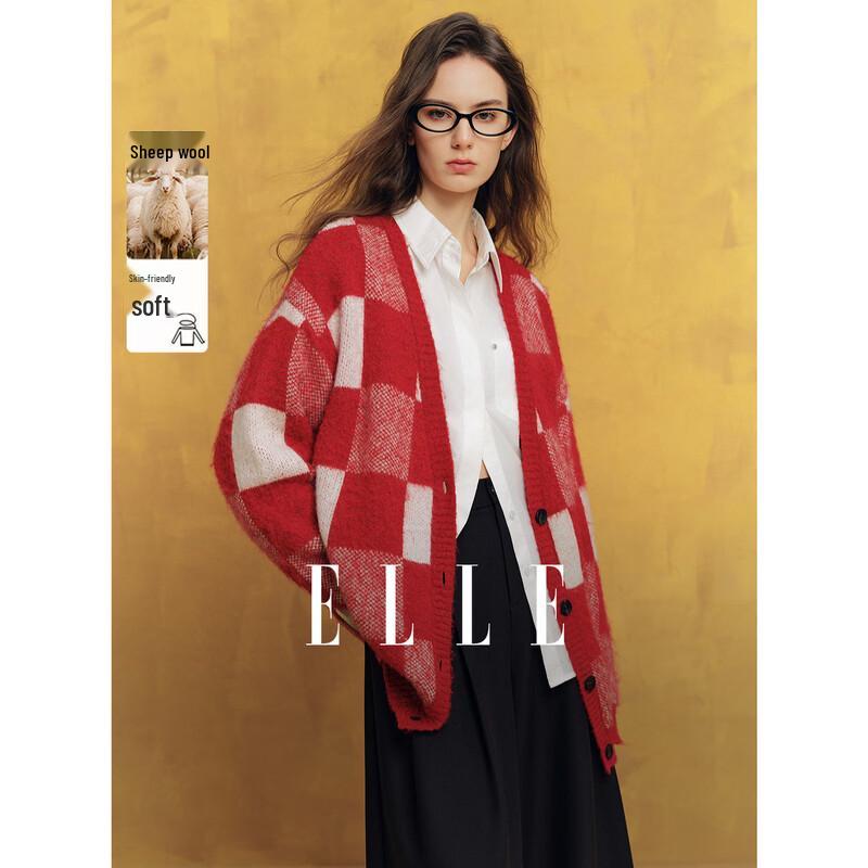 ELLE Women s Lambswool Plaid Knitted Cardigan S