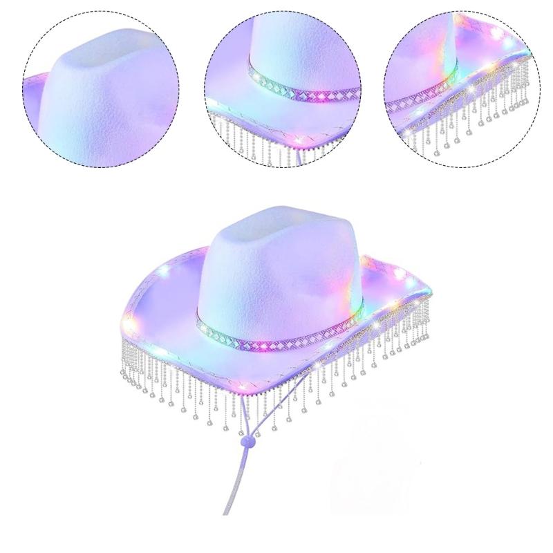 Cowboy Hats Glowing Panama Hat for Disco House Cocktails Parties Vacation Sparkly Strass Glowing for Comedian Actor
