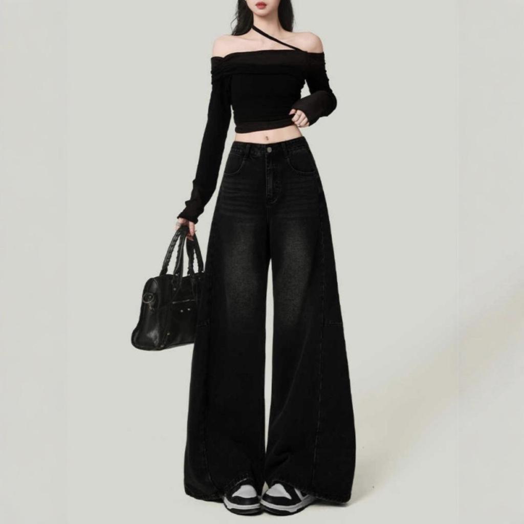 Women's Retro High-Waisted Wide-Leg Gray Jeans - 2025 Spring/Autumn Collection