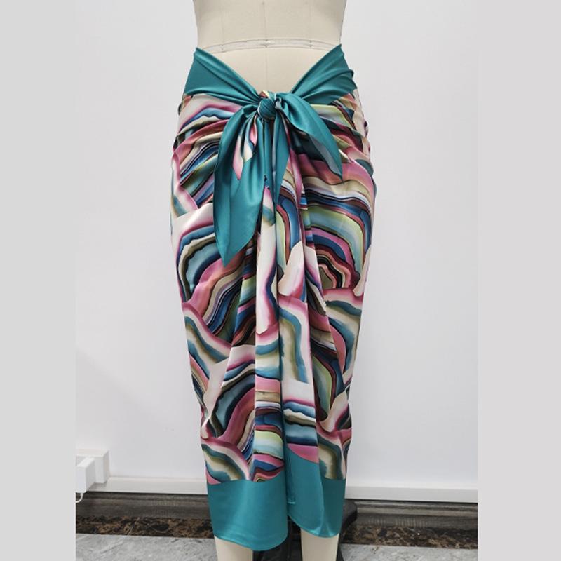Cross-border Vacation Style Midi Skirt with Tie-up Design and Print