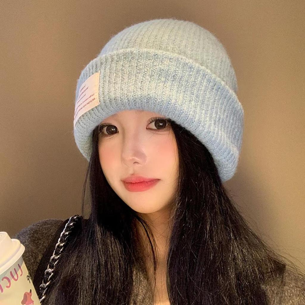Damen Wollstrick Winter Dicke Mütze Einfarbig Buchstaben Etikett Beanies Skullies Koreanisches Mädchen Ohrenwärmer Kälteabweisende Überzieh-Mütze
