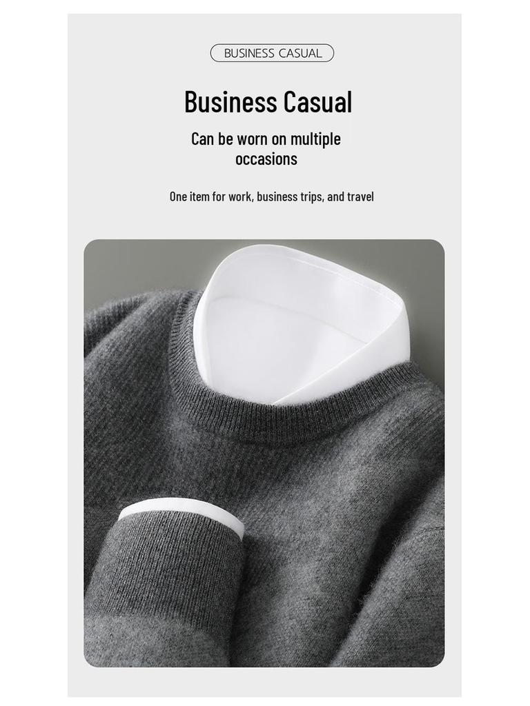 Men's 100% Pure Wool Color Block Round Neck Sweater - Thick Jacquard Knit for Autumn/Winter, Loose Casual Fit.
