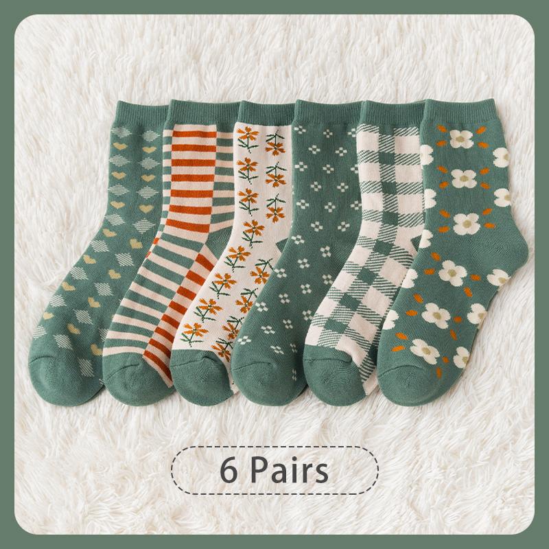 6 Pairs of Women's Autumn and Winter Cartoon Cute Flower Checkered Striped Sweet College Style Thick and Warm Looped Socks