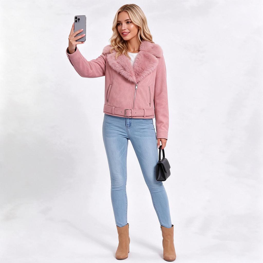 Women’s Faux Fur Coats 2 Way Wear Outfit Detachable Fur Collar Zipper Jacket Matte Faux Suede Crop Top Stylish Motobike Wear