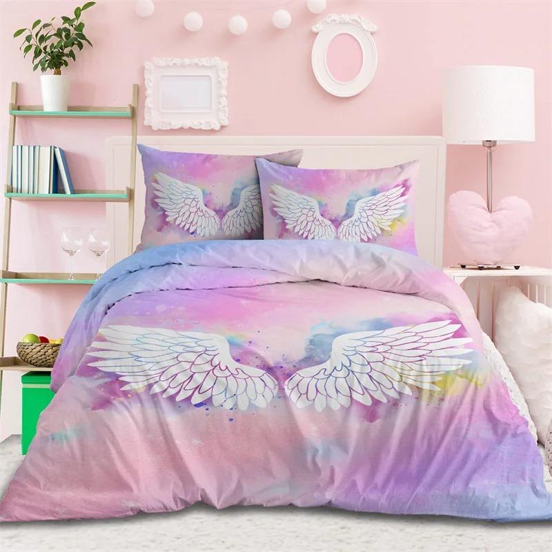 Engel Flügel Bettbezug King Queen Größe Abstrakt Cartoon Kunst Druck Bettwäsche Set Jugend Fantasy Magie Polyester Steppdecke