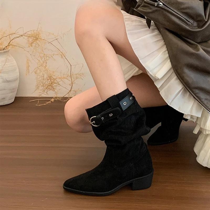 Vintage Pleated Women Western Cowboy Boots Fashion Pointed Toe Thick Heels Ladies Mid Calf Booties
