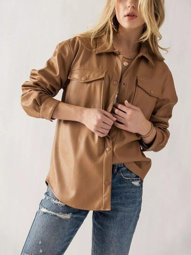 Casual Stylish Biker Tan Women's Shirt Genuine Lambskin Leather Handmade Soft