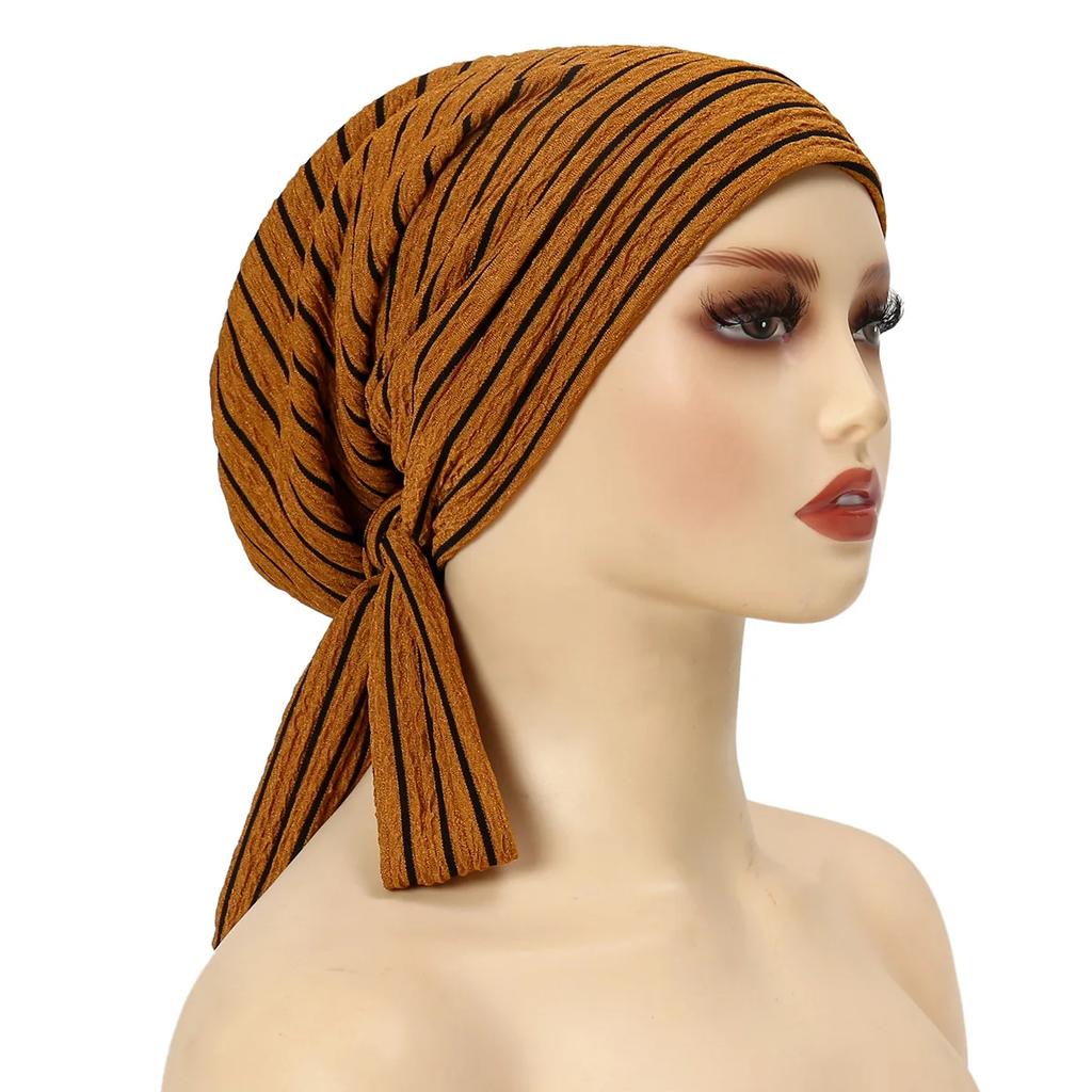 Trendy Long Tail Strap Hijab Turban Hats Muslim Solid Color Head Wraps Elastic Breathable Chemo Cap For Women Girls
