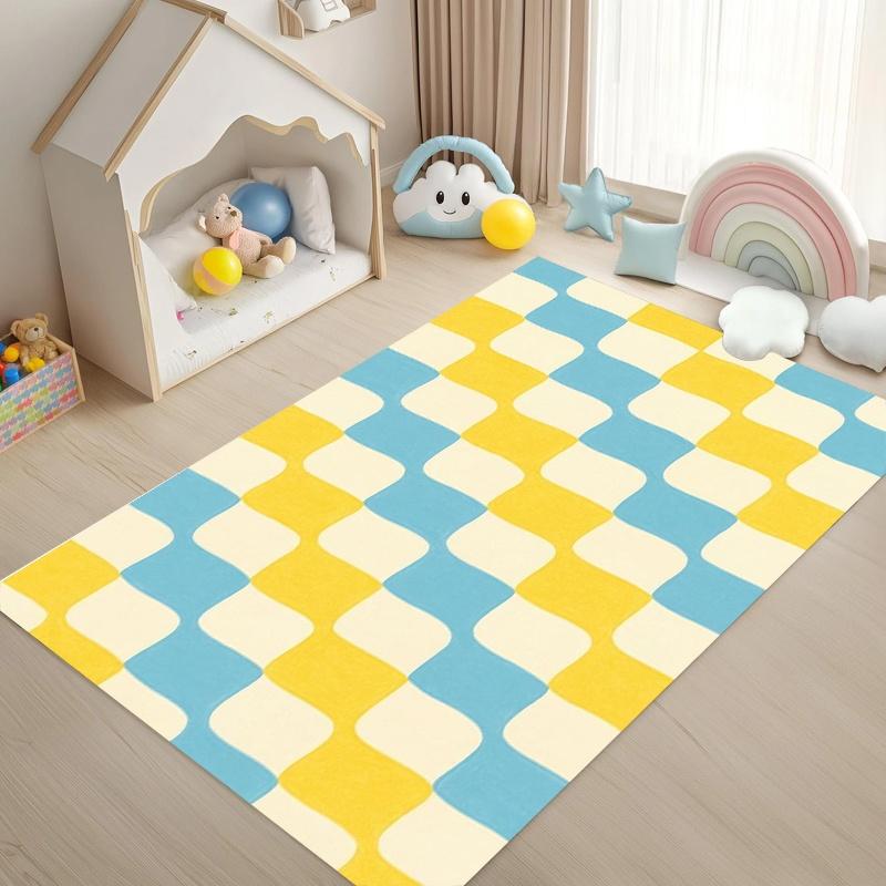 Cute Yellow Blue Warped Checkerboard Area Rug Minimalist Geometry Carpet Non Slip Soft Play Mat For Bedroom Playroom Kitchen