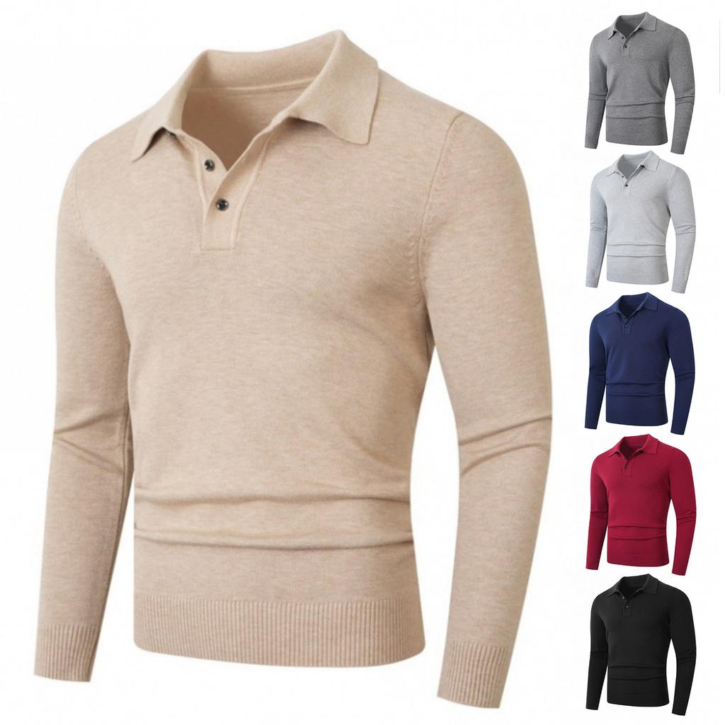 Men's Casual, Form-fitting Solid-color Square-neck Button Knitted Long-sleeved Sweater
