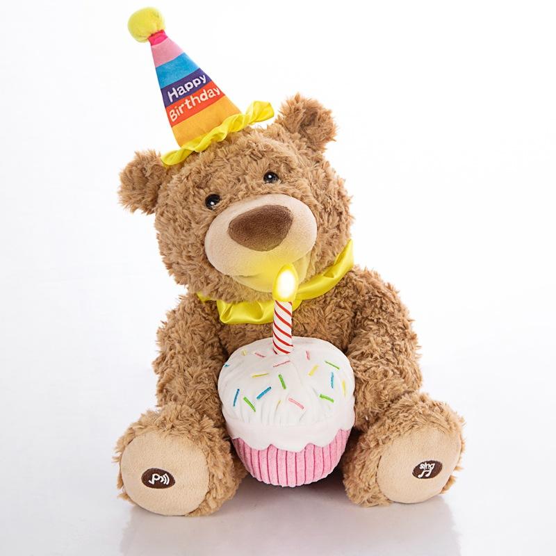 Teddy Bear Plush Toy with Birthday Cake Design, Electric Singing Stuffed Animal, Cute Cartoon Doll for Kids Birthday Gift