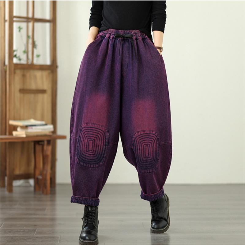 

большой размер винтажные джинсы с высокой талией повседневные свободные женские весенне-осенние джинсовые брюки гаремного типа фиолетовый