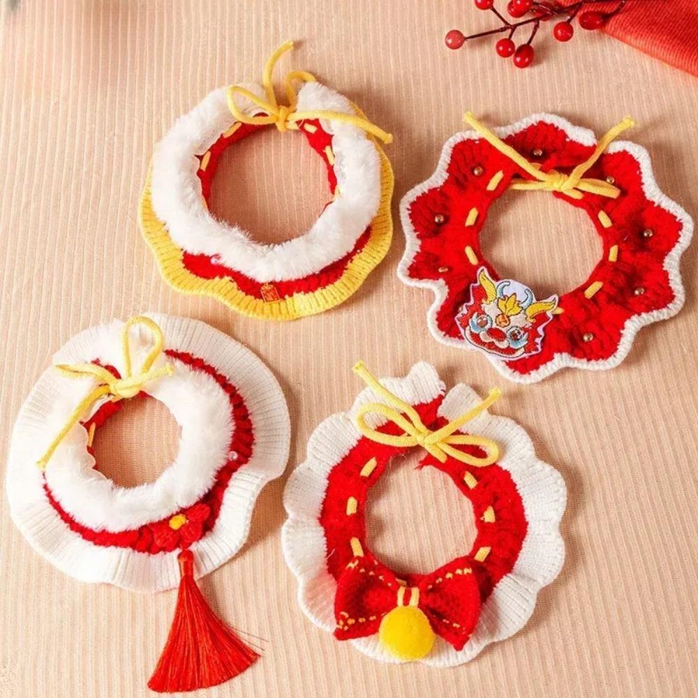 Cotton Polyester Pet Bow Bib Collar Bow Lace Plaid Pet Saliva Towel with Bell Pendant Puppy Accessories Dog Necklace New Year