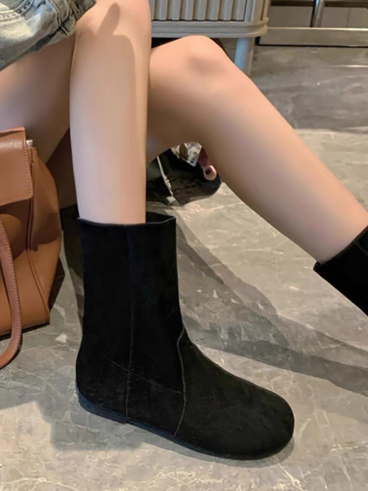 

Leather Korean version matte flip leather round head flat bottom thin boots short boots women s 2025 new versatile medium boots cowboy boots 40 чорний