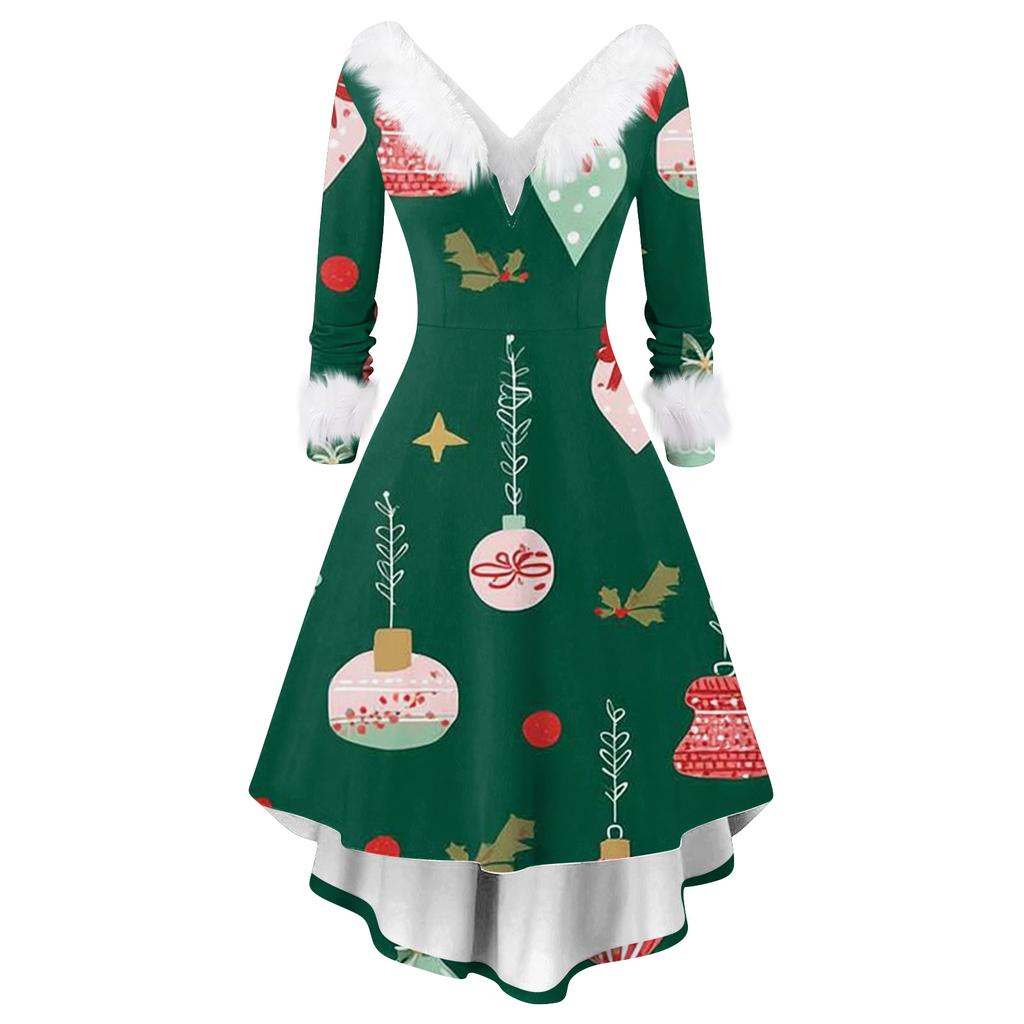 Women's Fashion Elegant Autun And Winter Long Sleeve V-Neck Christmas Print Dress