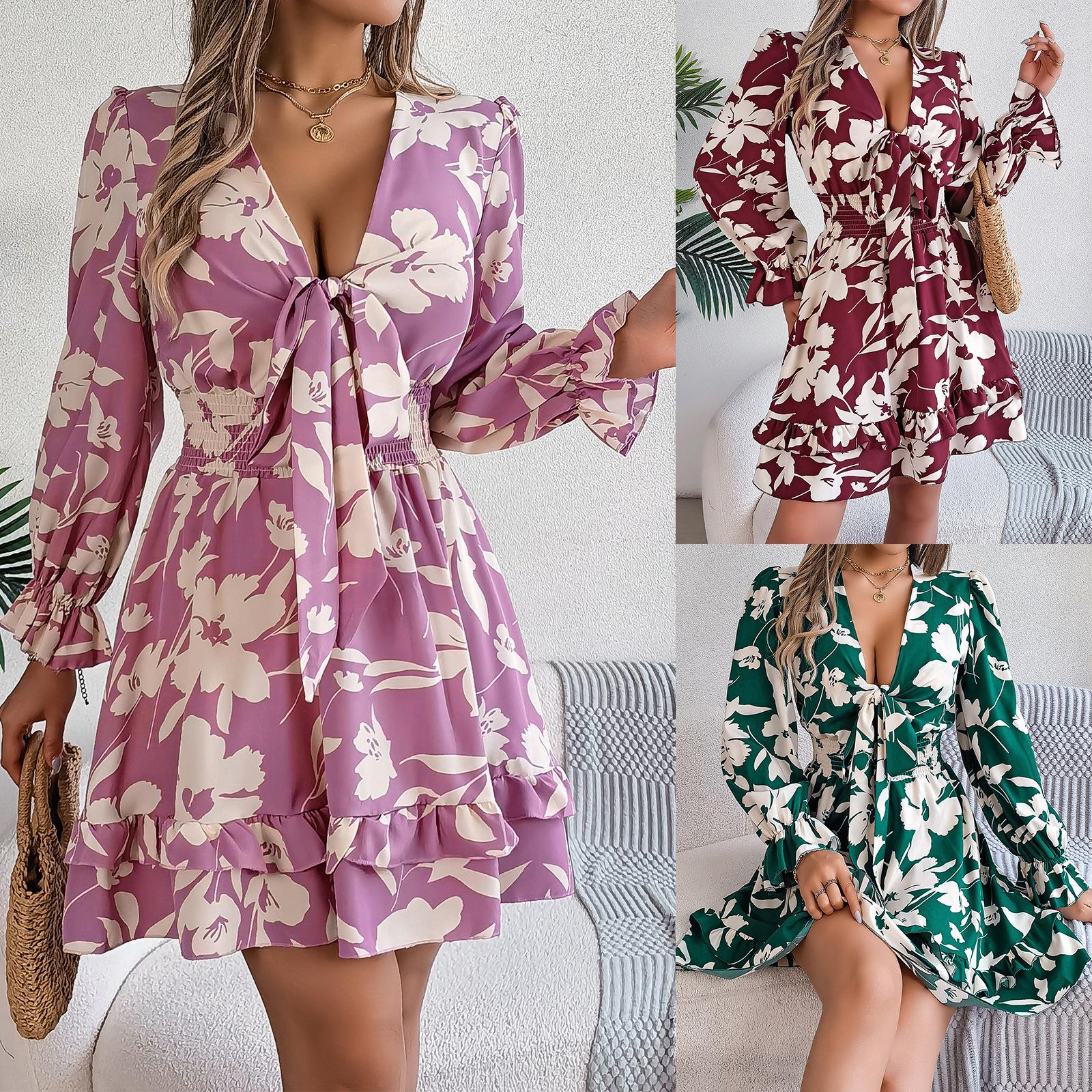 

Floral Print V-Neck Dress with Bow Detail, Flared Sleeves and Ruffled Hem, Women s Casual Summer Dress S зелений