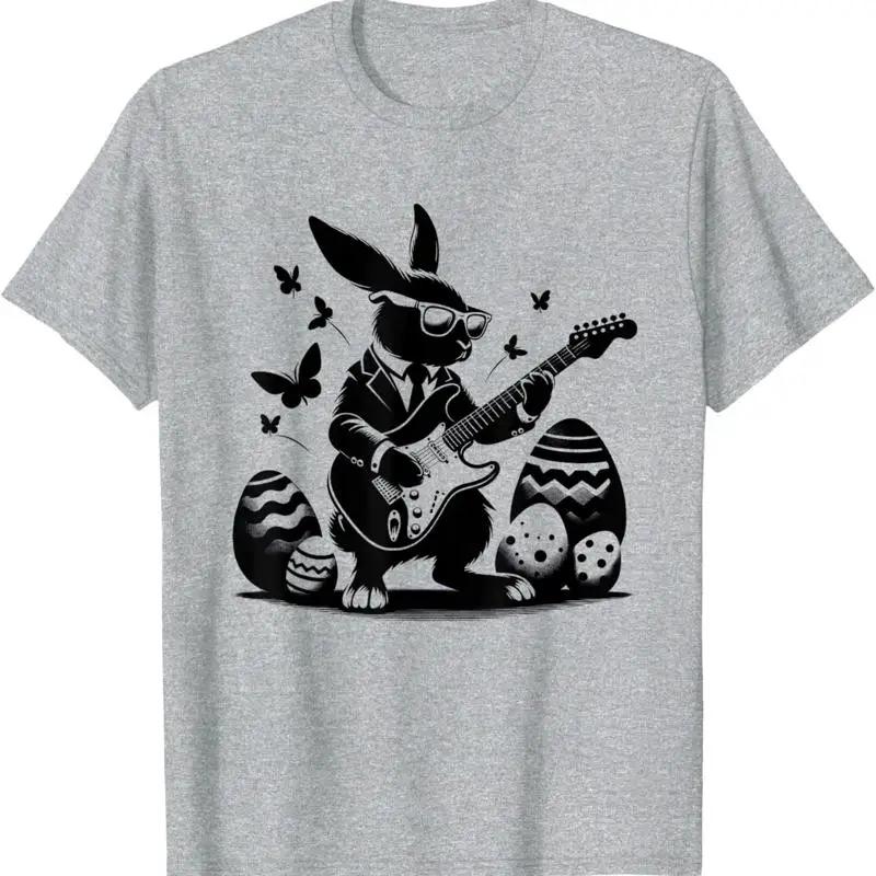 Rocking Easter Bunny Electric Guitar Player Graphic Tee Breathable Cotton TShirt for Unisex S