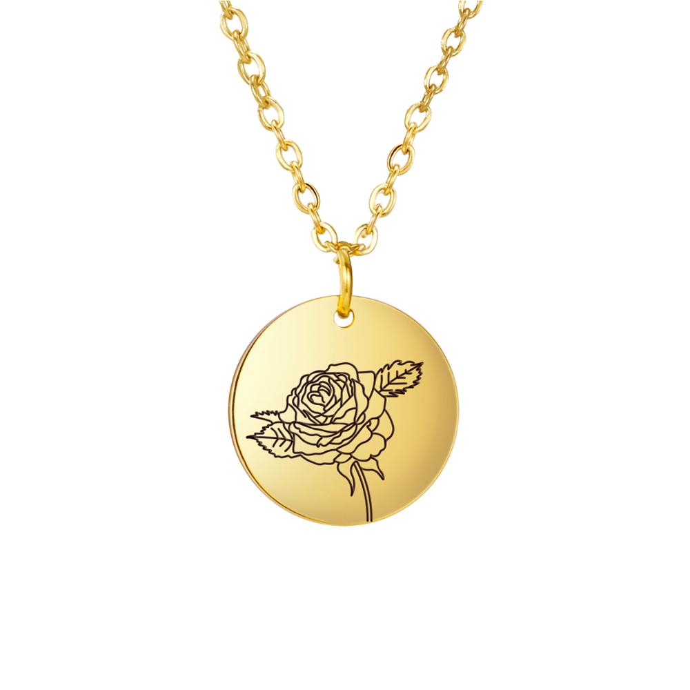 Birth Flower Pendant Necklace Women Stainless Steel Flora Gladiolus Poppy Peony Rose Daisy Necklace Personalized Jewelry