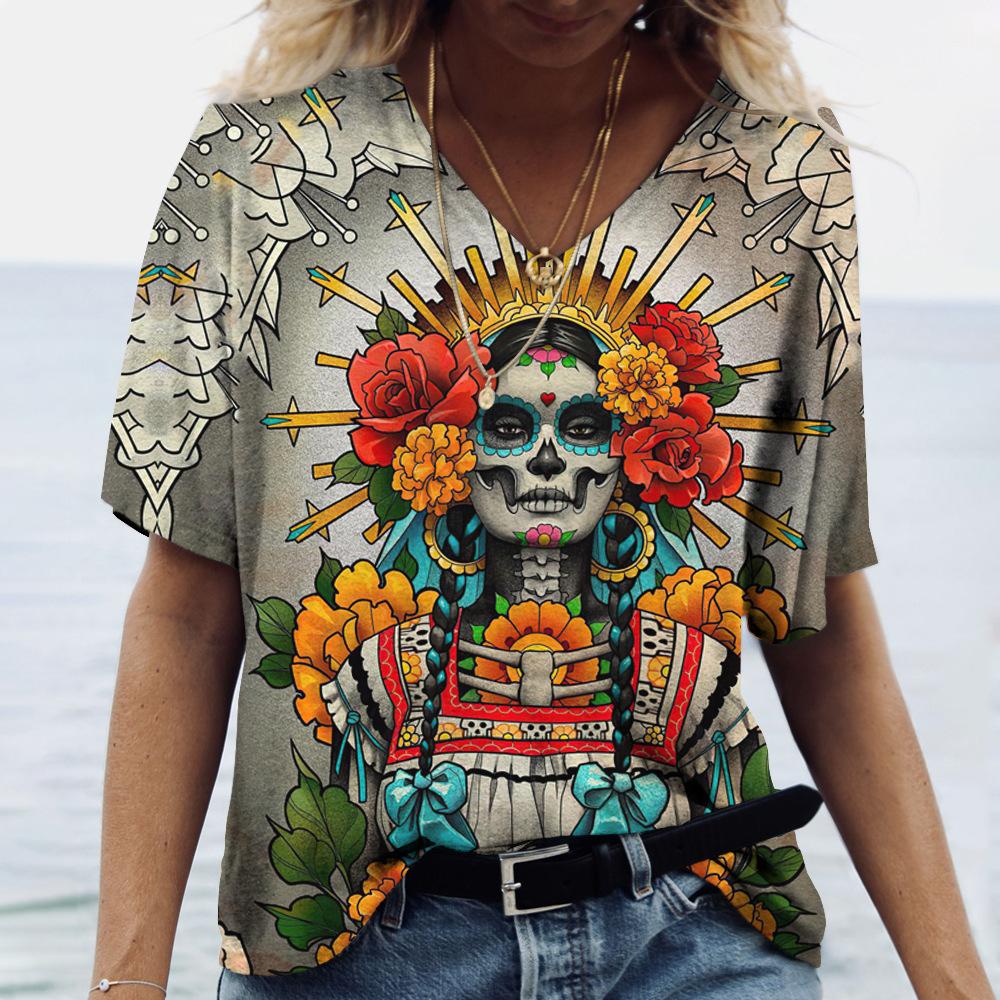 Summer V-neck 3D Funny Face Printed Top Fashionable Casual Short Sleeved Women's T-shirts
