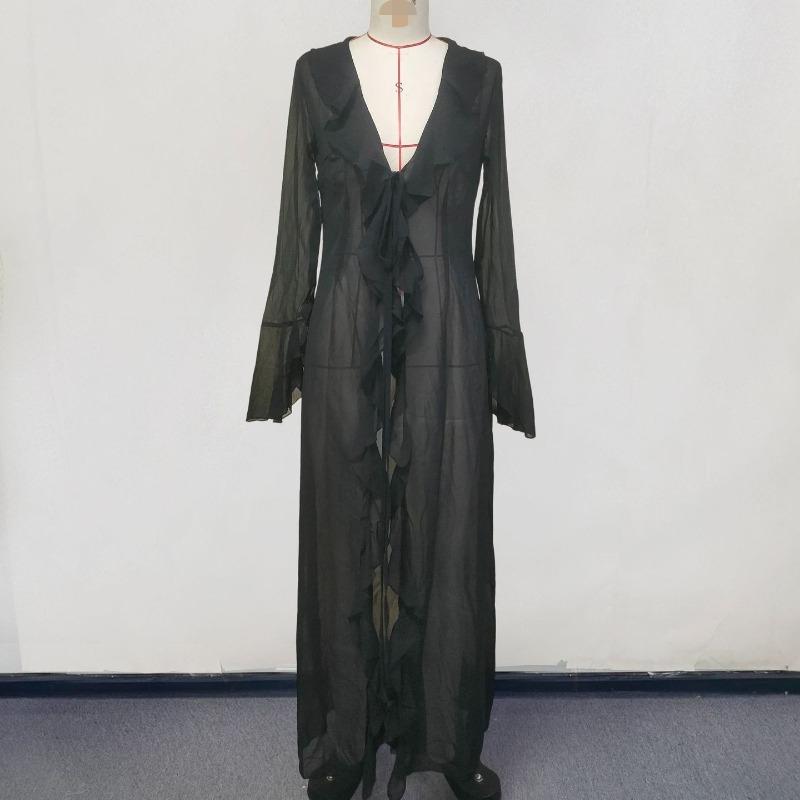 

European and American seaside long-sleeved sheer lace-up cardigan dress L чорний