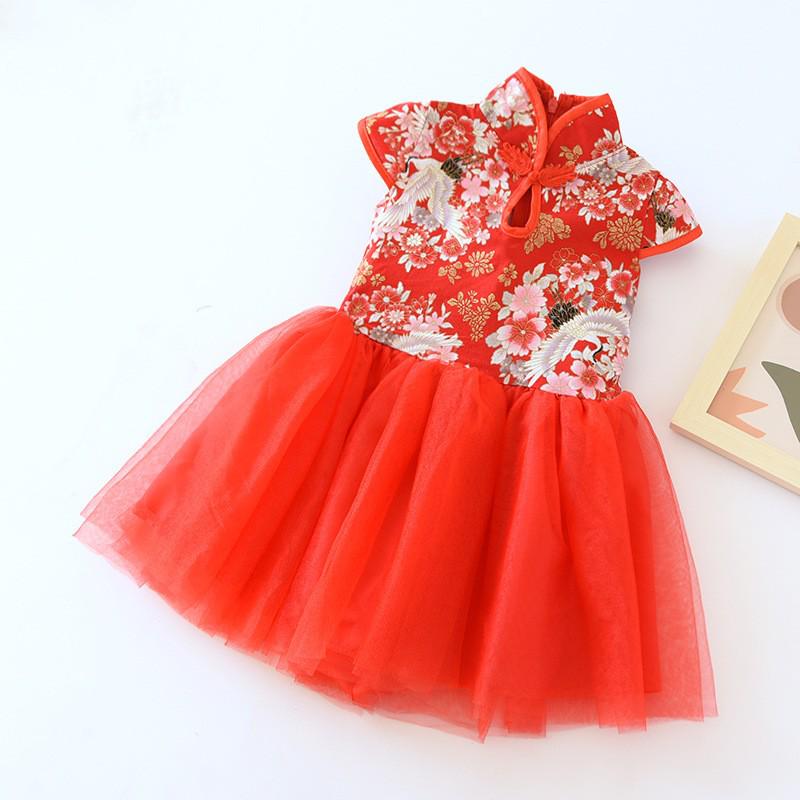 Spring Autumn Loose Fit Kids' Mesh Princess Dress - Chinese Style Short Sleeve Costume