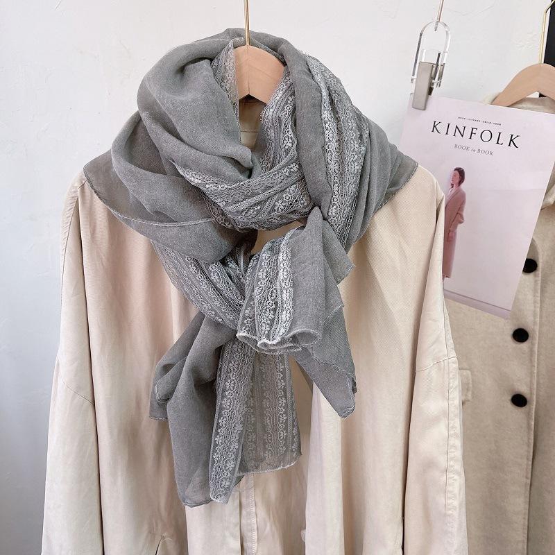 Eșarfă de Modă din Bumbac și In 180*90cm cu Garnitură de Dantelă, Eșarfă Șal pentru Patru Sezoane, Gaze de Plajă Lungă și Ușoară pentru Călătorie