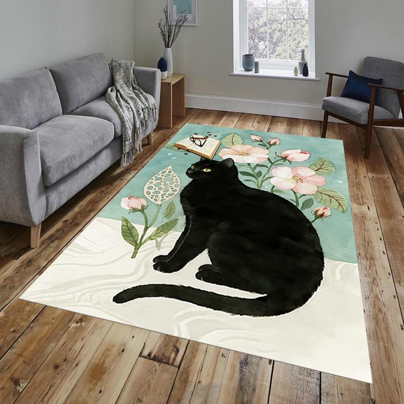 Black Cat Flowers Pattern Area Rug, Office Carpet Indoor Outdoor Entrance Doormat, Non-Slip Soft And Comfortable, Living Room, C122040