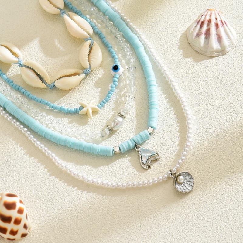Blue Beaded Necklace, Jewelry, Summer Fashion, Shell Design, High-end Items