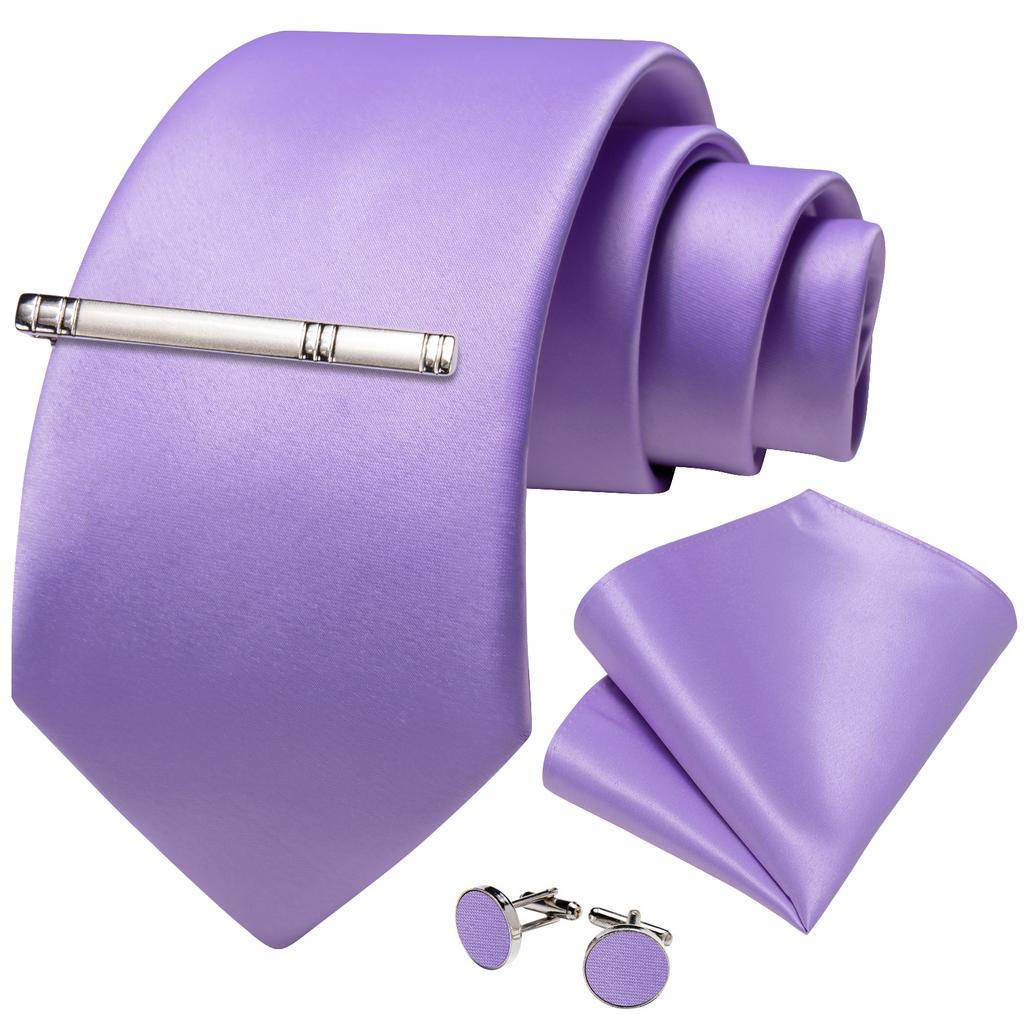 US Slik Mens Tie Clip Set Purple Striped Necktie Pocket Square Cufflinks Wedding