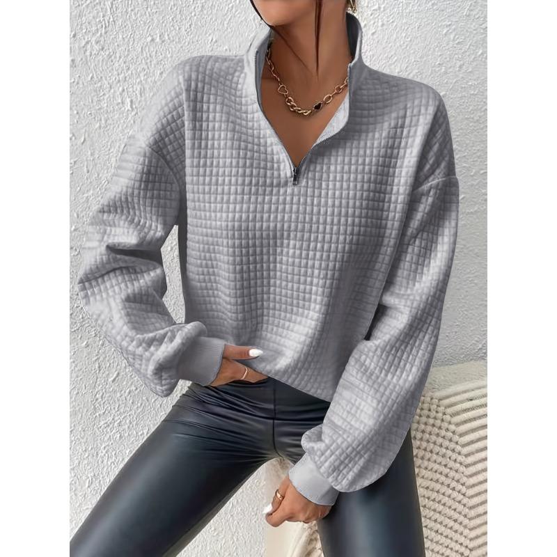 Mikina pulovr se čtvrtinovým zipem s vaflovou mřížkou, ležérní mikina s dlouhým rukávem a klopou na podzim a zimu, dámské oblečení