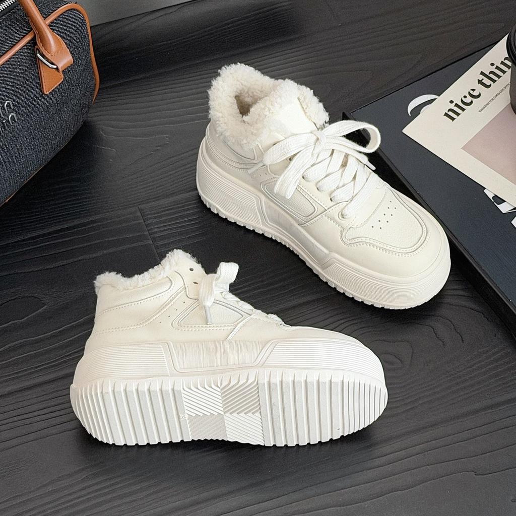 Leather high-top little white shoes women's new versatile winter velvet thickened snow boots thick-soled warm large cotton shoes