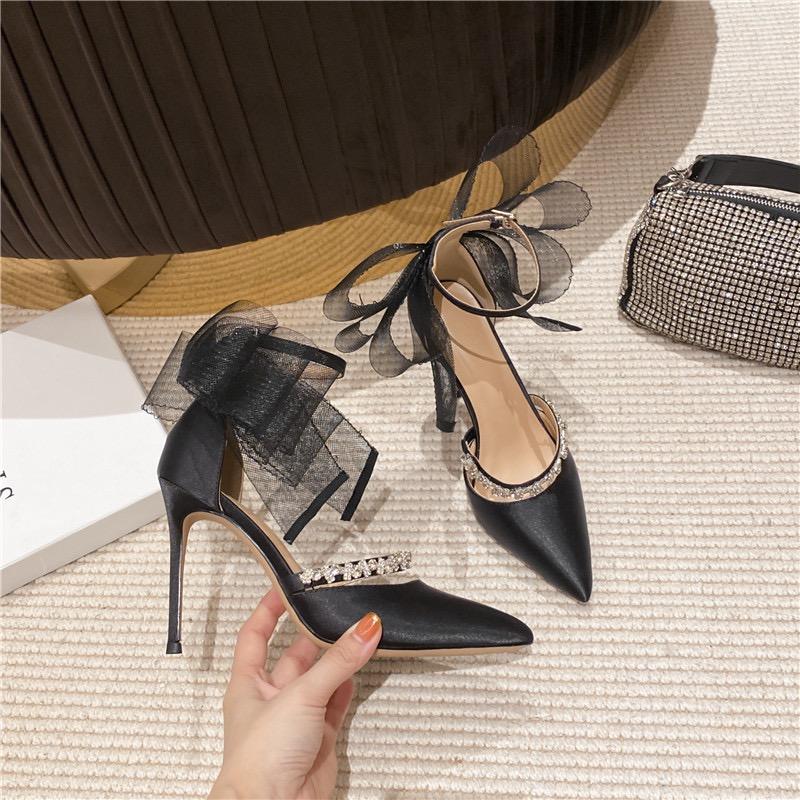 Fashion Rhinestone Bow High Heels 2025 Spring New Wedding Shoes Two-wear Celebrity Stiletto Buckle Strap Single Shoes