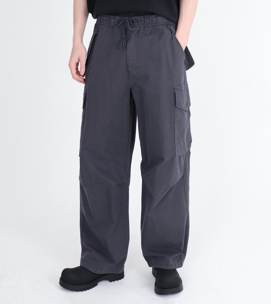 Beoteunseoul Washed Drawstring Banding Side Pocket Cargo Curved Cotton Pants (Gray)