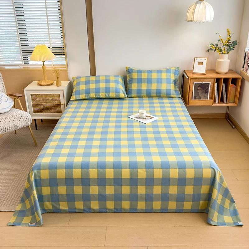 Geometric Plaid Pattern Bed Sheet Set Simple Grid Flat Sheet 100% Cotton Bedding Breathable Durable Sheets with 2 Pillowcases