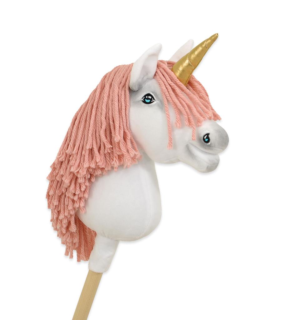 Hobby Horse Unicorn on a stick, small white, with a dusty pink mane and a golden horn