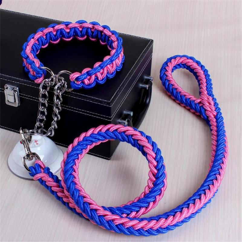 1.2M 17 Colors Length Double Strand Rope Large Dog Leashes Metal P Chain Buckle National Color Pet Traction Rope Collar Set A 14