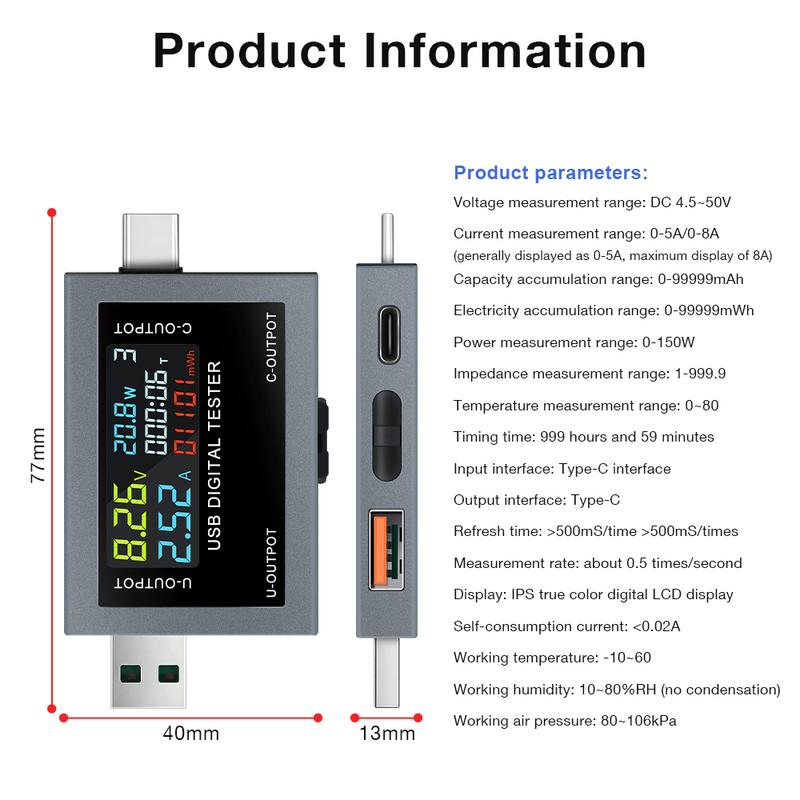Type-C USB Tester Voltmeter Ammeter DC4.5~50V Digital Voltage Current Power Meter Cell Phone Charging Battery Capacity Detector