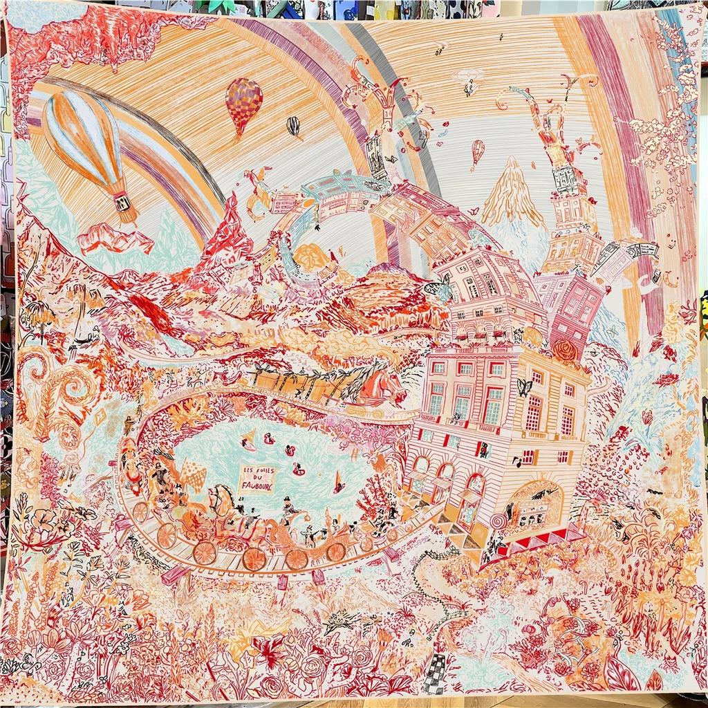 Autumn/Winter 130cm Faux Silk Wool Square Scarf Women's Warm and Elegant Castle Pattern Scarves Wraps Pashmina Hijab