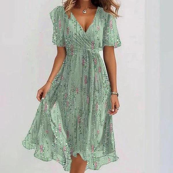 Blue Green Floral Print V-Neck Asymmetrical Hem Summer Dress with Short Sleeves