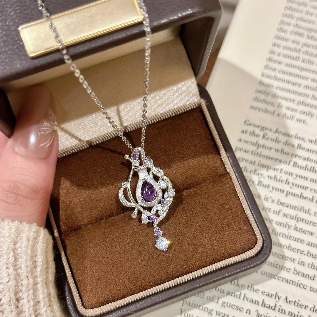 Fashion Light Luxury Amethyst Perfume Bottle Pendant Brushed Purple Diamond Magic Bottle Necklace Women s 2026 45CM