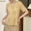 ZANZEA Women Elegant Embroidery Lace Patchwork Casual V-Neck Short Sleeve Blouse
