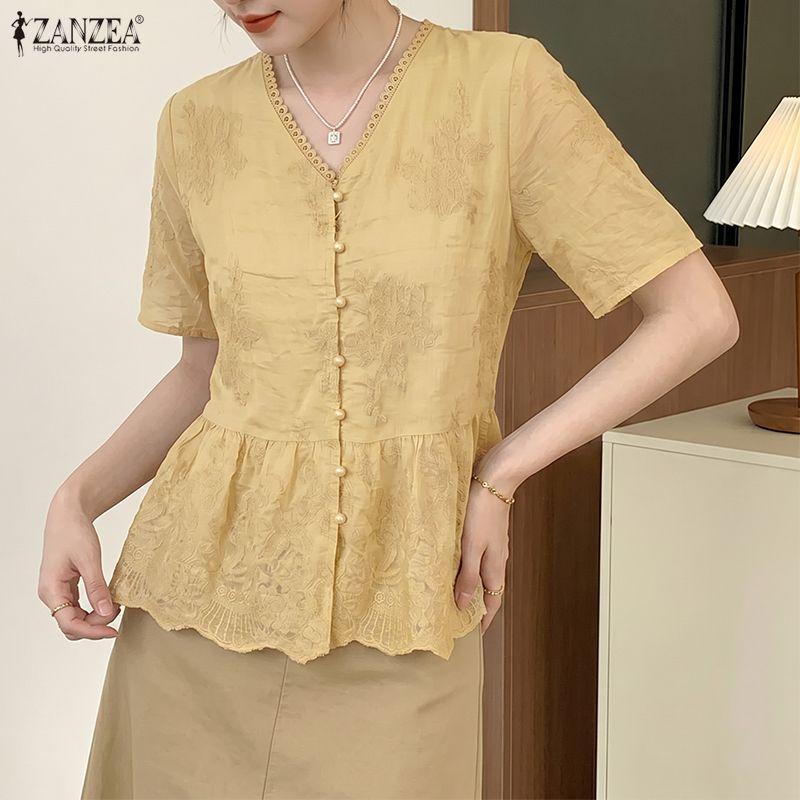 ZANZEA Women Elegant Embroidery Lace Patchwork Casual V-Neck Short Sleeve Blouse