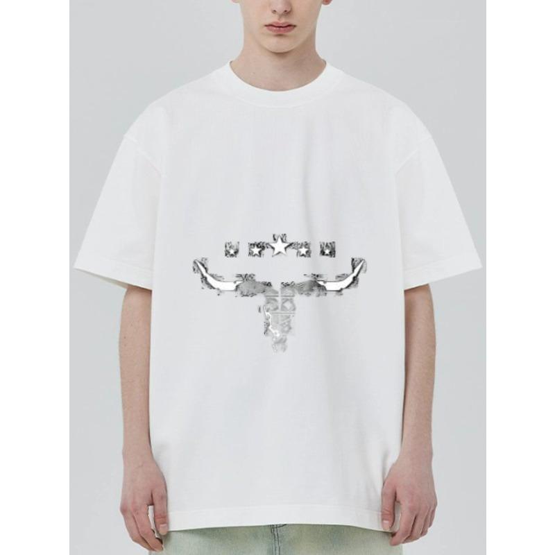 Černé tričko s potiskem býčí lebky a hvězd pro běžné nošení