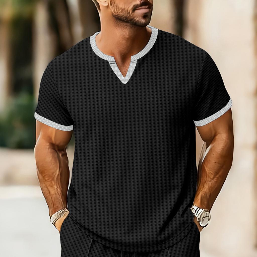 Men's Summer V-neck Top Casual Loose Short Sleeved Shirt