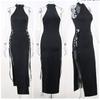Goth Dark Cosplay High Split Sexy Bandage Women Dresses Gothic Halter Slim Midi Dress Black Grunge Style Alt Partywear